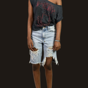 Ksubi Jean Shorts Light Blue Destroyed Heavy Distressed Denim Longline Mid Rise Cutoff Raw Hem Cotton 26
