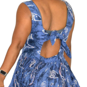 Vintage Jasmine KVM Dress Blue Fish Print Tent Shift Midi Cotton Gauze Airy Open Back Tie Medium
