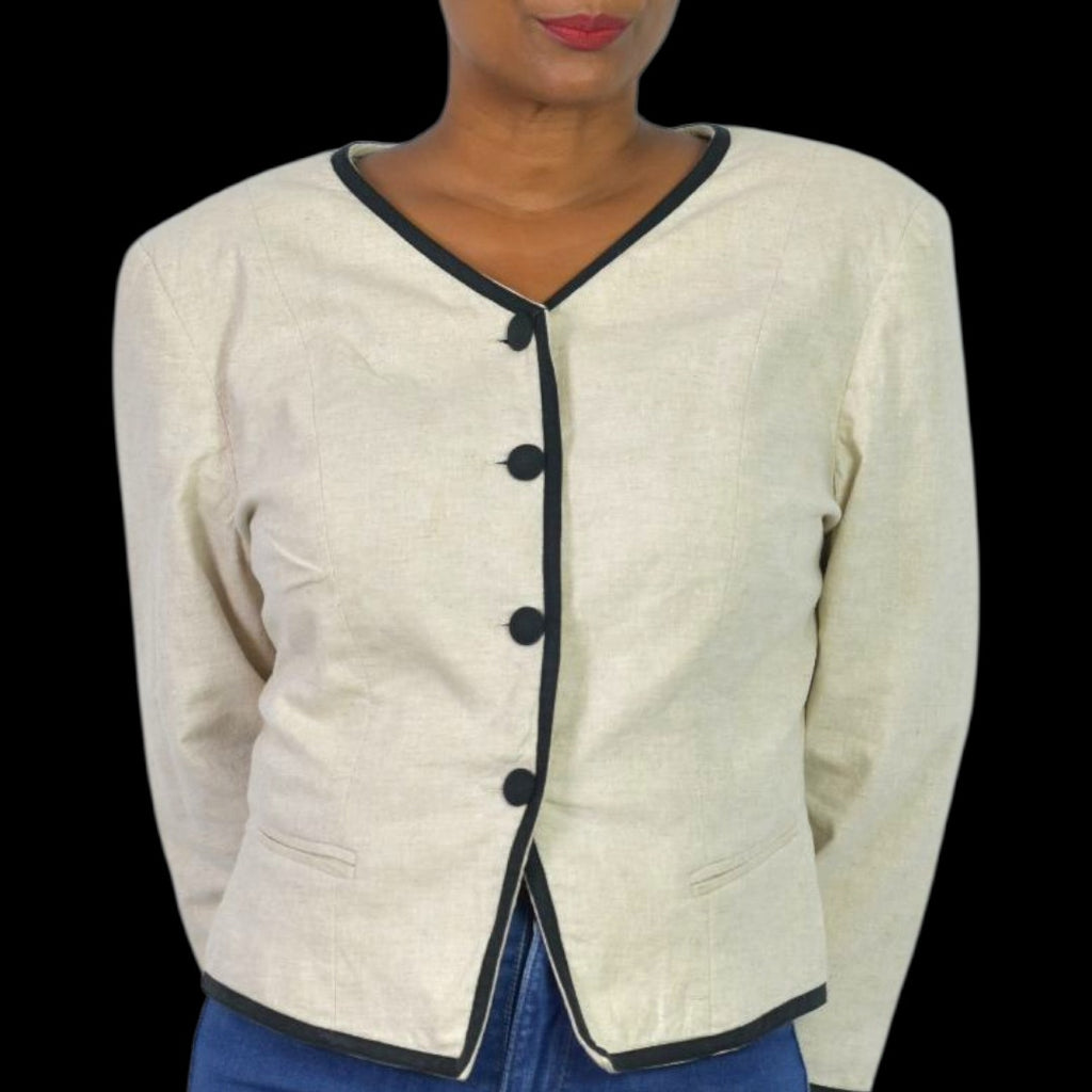 Vintage Althuser Linen Blend Blazer Jacket Beige Cropped Black Trim Tailored Shoulder Pads 10