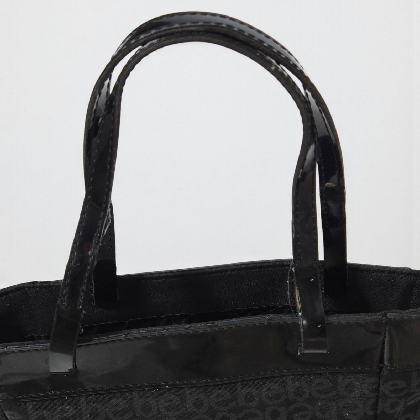 Vintage Bebe Mini Tote Bag Black Logo Patent Leather Straps Shopper Handbag Y2K Purse