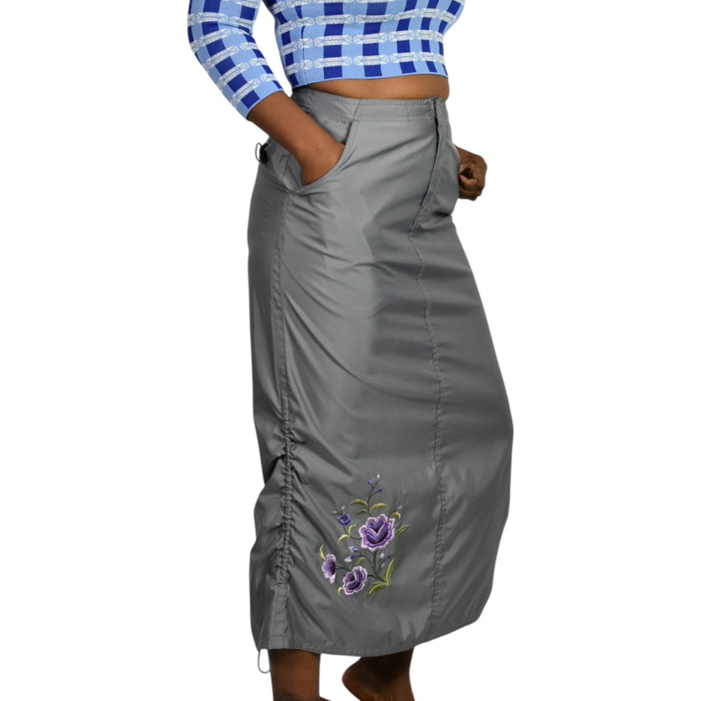 Vintage Gap Parachute Skirt Grey Y2K Embroidered Floral Midi Ruched Shirred Column XS