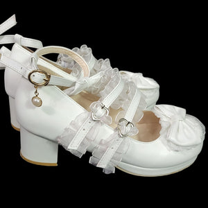 Lolita Mary Jane Shoes White Bows Ribbons Chunky Block Heels Platform Coquette Frilly Size 8