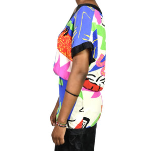 Vintage Flora Kung Silk Dress Blue Abstract 80s Print Colorful Blouson Twofer Pencil Skirt XXS