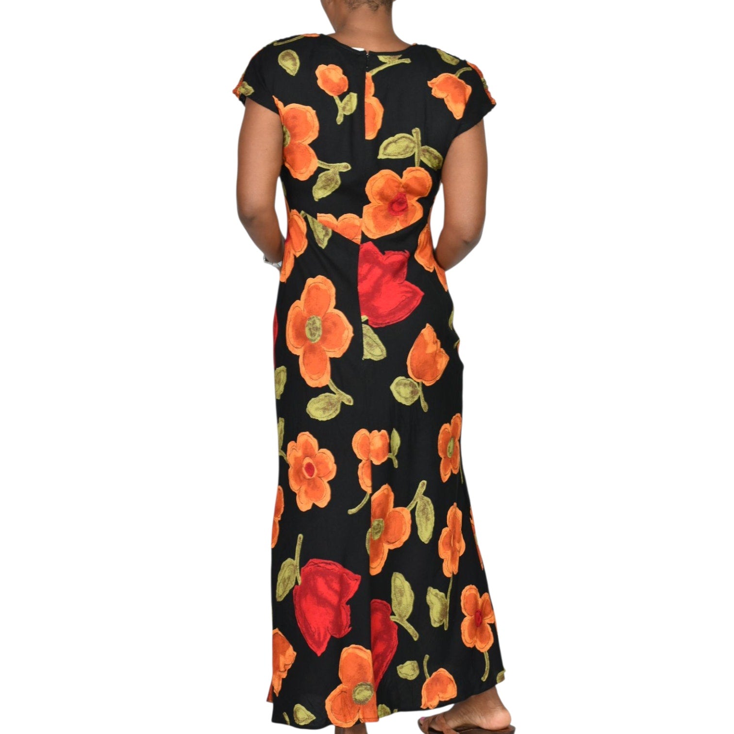 Jeffrey Dara Vintage Floral Maxi Dress Black Floral Flowers Rayon Shoulder Pads Column Deadstock 8 Medium