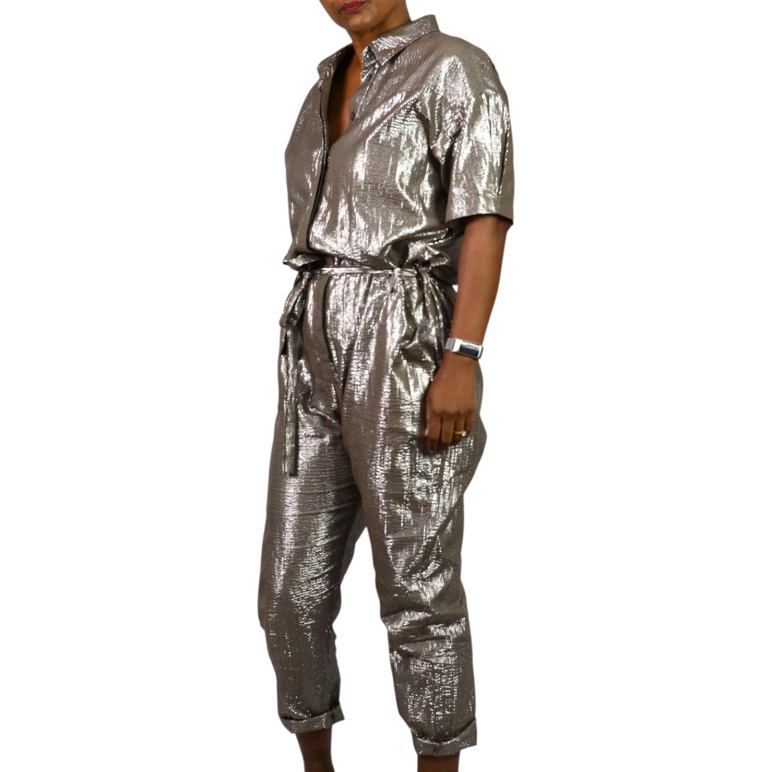 Xirena Theo Metallic Jumpsuit Bronze Brown Metallic Shimmer Cotton Lurex Belted Small