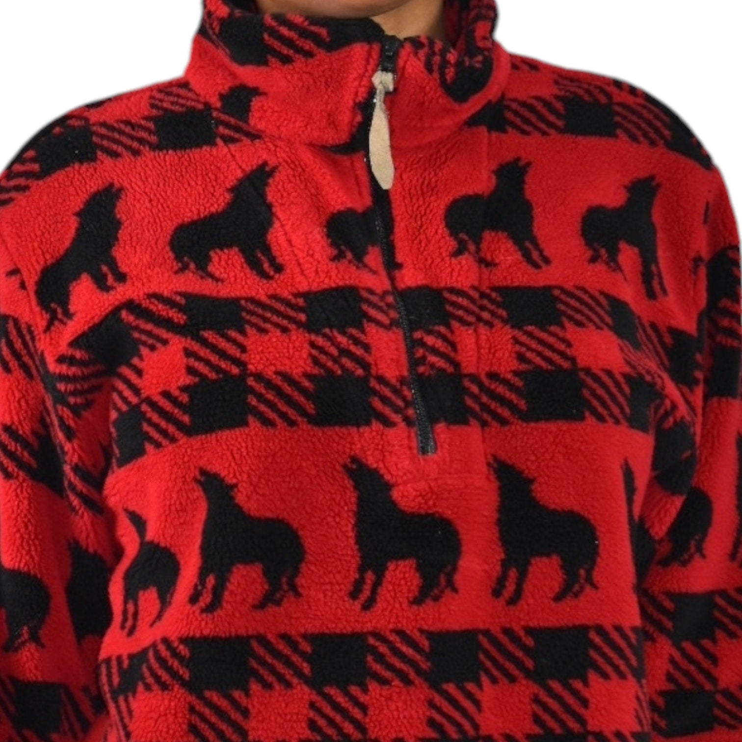 Woolrich Sherpa Fleece Jacket Red Quarter Zip Wolf Buffalo Plaid Ski Southwestern Blanket Size Large