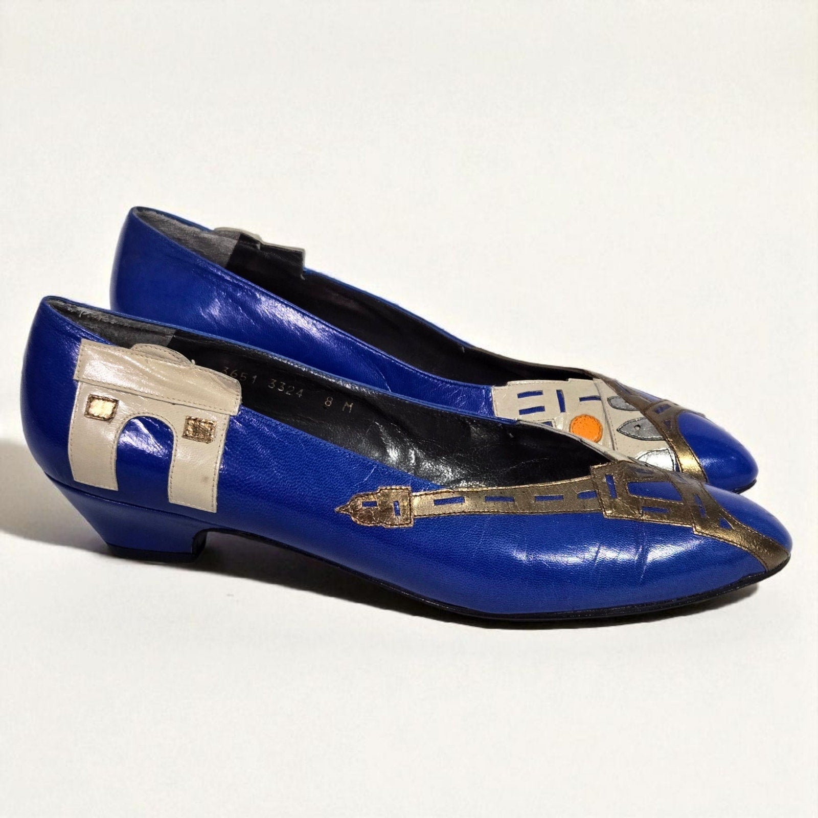 Vintage Margaret J Eiffel Tower Pumps Blue Leather Paris France Kitten Heel Almond Toe 8