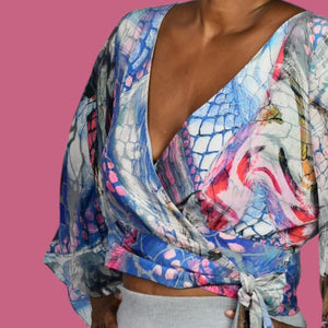 Leifsdottir Serpent Charmer Silk Blouse Top Blue Wrap Watercolor Print Kimono Sleeve Anthropologie 6