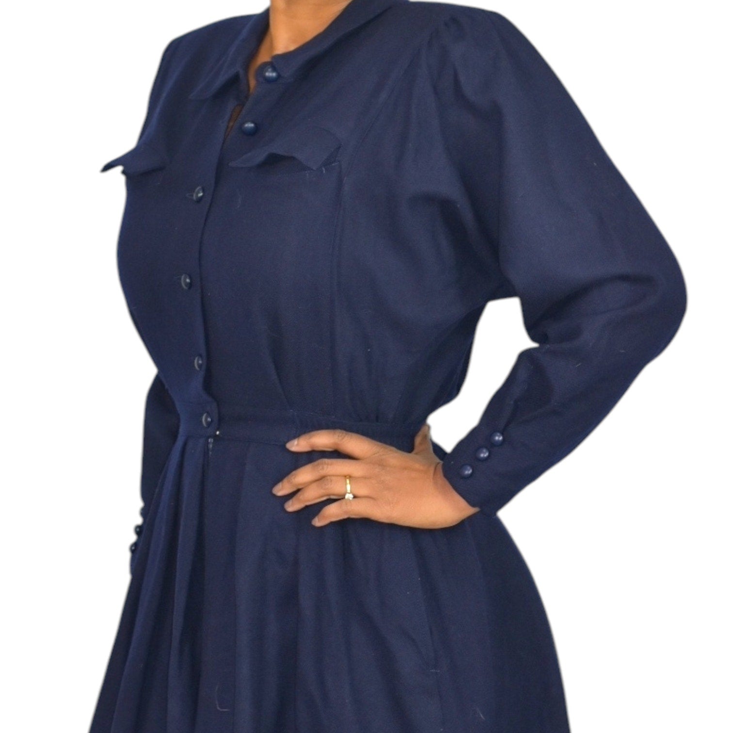 Blue Berry Retro Office Midi Dress Blue Navy Shirt Shoulder Pads Collar Pleated Small 2 4