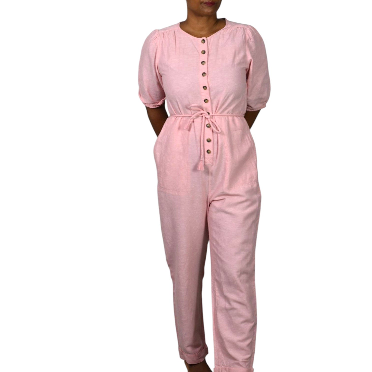 Madewell Cotton Jumpsuit Pink Puff Sleeve Short Sleeve Tie Waist Cuffed Tapered 6