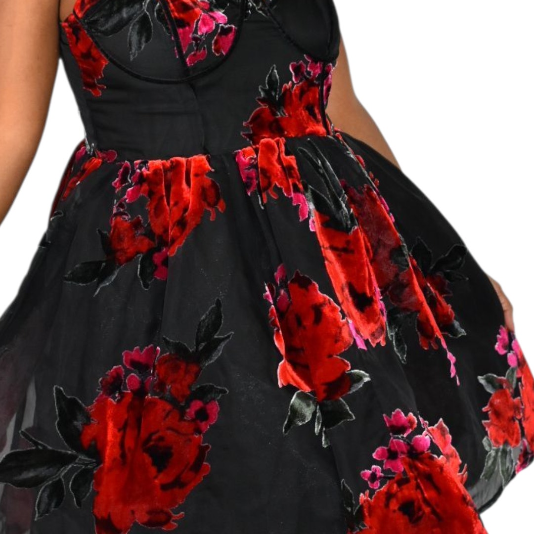 Betsey Johnson Lucia Bustier Dress Red Floral Mini Sheer Velvet Burnout Rose Corset Babydoll Sweetheart Large