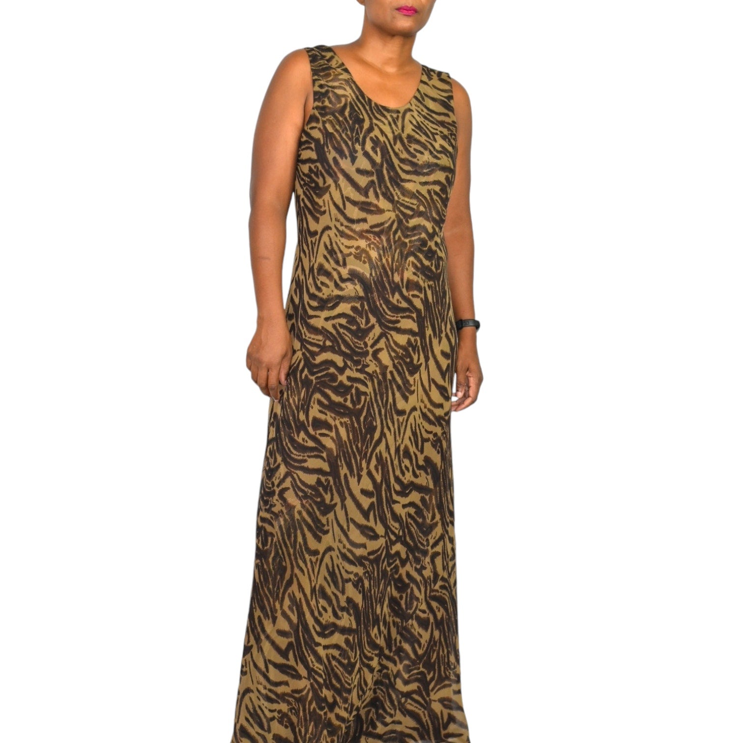 Reversible Slip Dress Brown Animal Mixed Print Cheetah Leopard Maxi Long Sheer Chiffon Sleeveless Bias Size Large