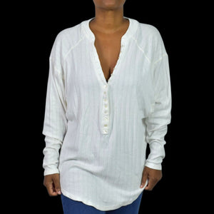 Free People Coffee Chat Pullover Top White Henley Tunic Pointelle Knit Ribbed Oversized Medium