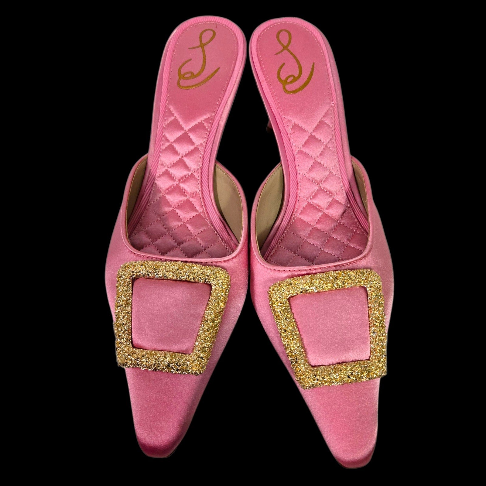 Sam Edelman Brit Satin Mules Pink Almond Toe Embellished Buckle Quilted Sole Kitten Heel 8