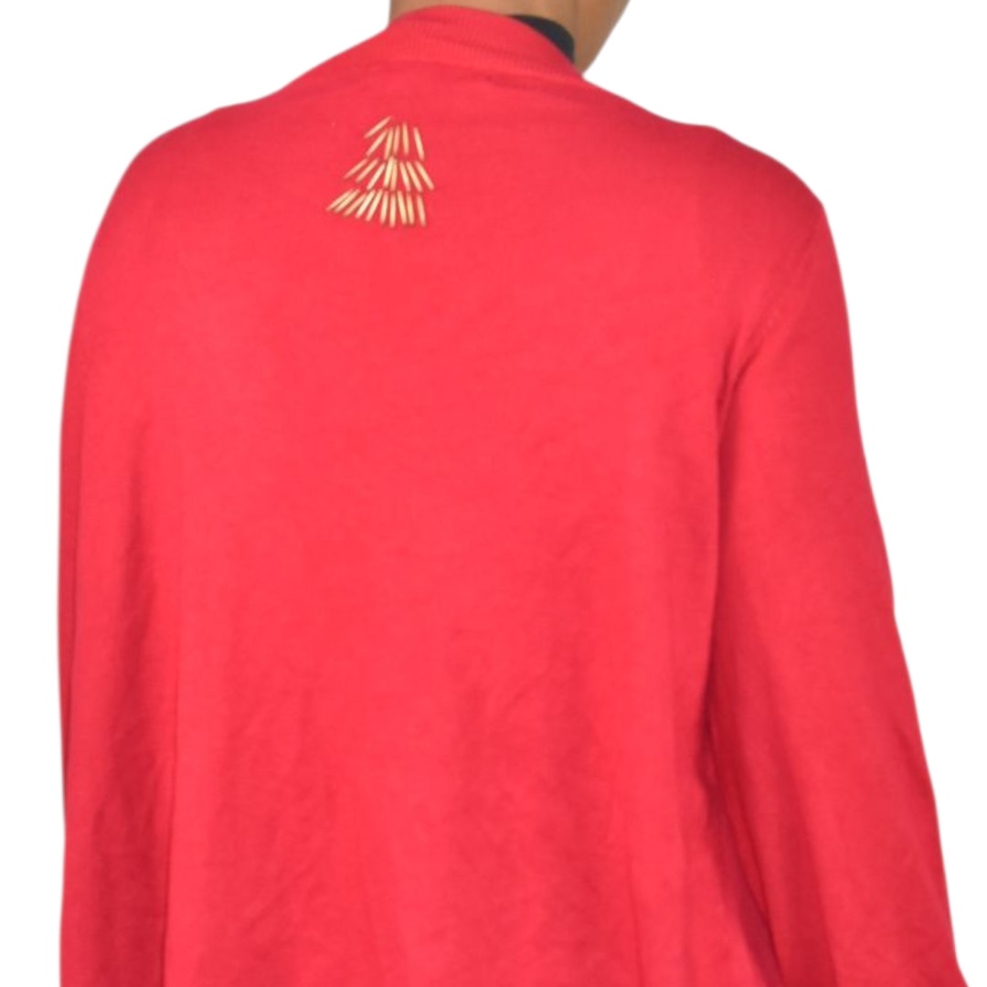 Michael Simon Cardigan Sweater Red Duster Beaded Christmas Trees Asymmetric Cotton Plus 1X