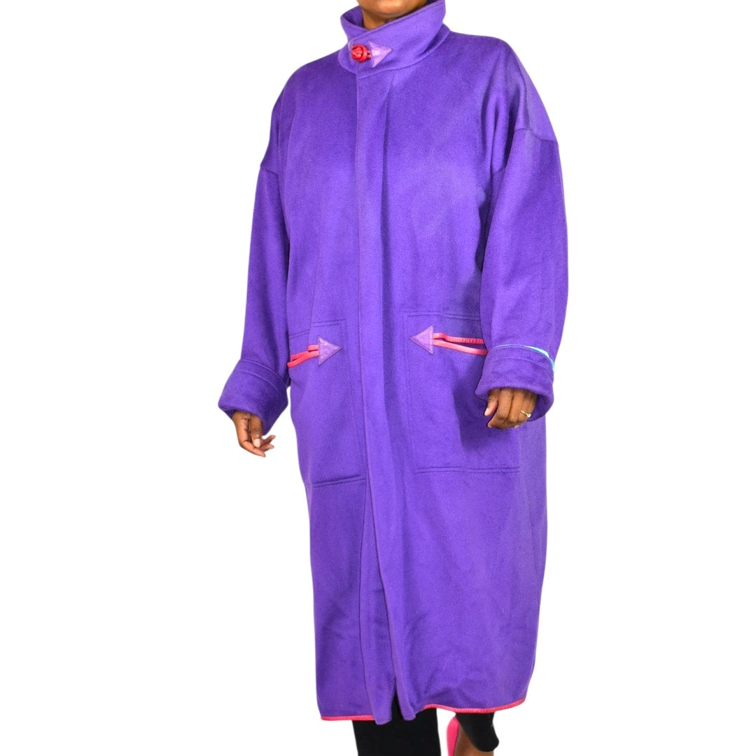 Vintage Purple Maxi Coat 90s Zip Felted Wool Blend Oversized Leather Trim Long Large OSFM