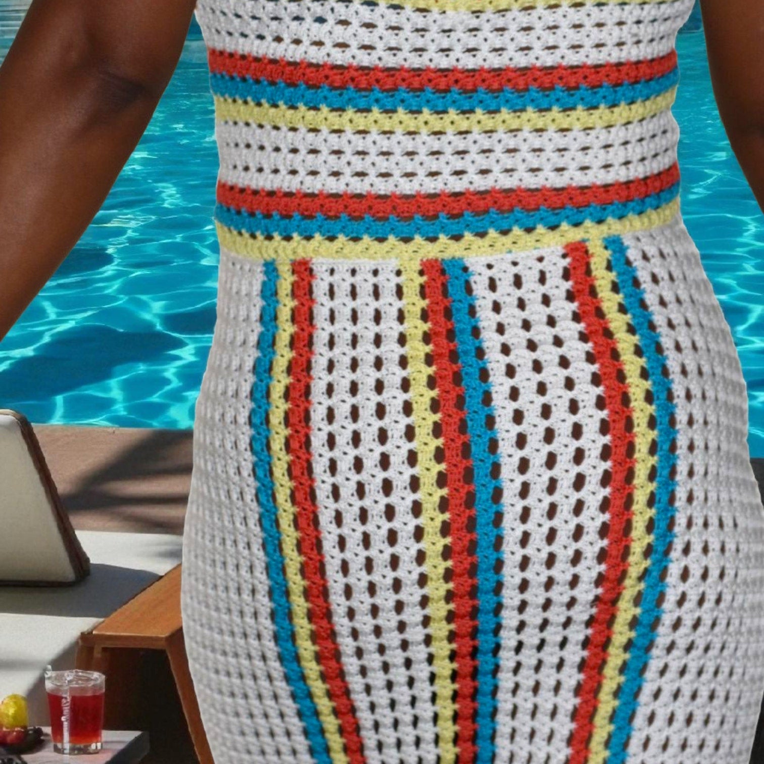 Solid Striped Aubrey Crochet Maxi Cover Up Dress White Rainbow Vertical Stripe Knit Small