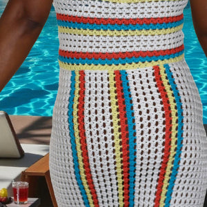 Solid Striped Aubrey Crochet Maxi Cover Up Dress White Rainbow Vertical Stripe Knit Small