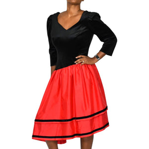 Vintage 80s Black Velvet Dress Red Taffeta Asymmetrical Ruffle Tiered Stretch Handmade Large