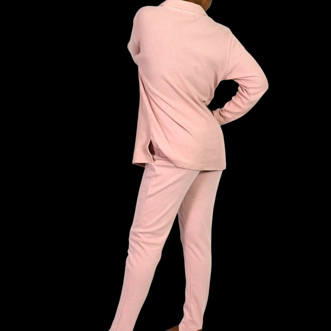 Vintage Milano Design Group Stirrup Pant Set Dusty Pink Blush Mauve 90s Waffle Knit Shirt Shacket CoOrd Small