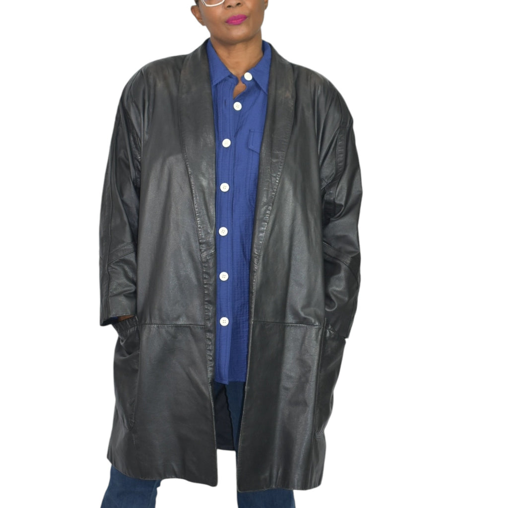 Vintage Black Leather Jacket Coat Oversized 90s Collared Open CST Collection Plus Size 1X