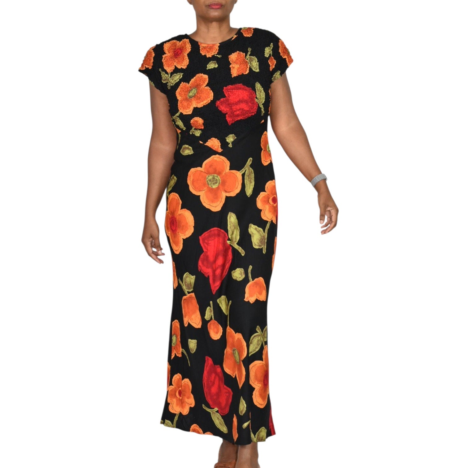 Jeffrey Dara Vintage Floral Maxi Dress Black Floral Flowers Rayon Shoulder Pads Column Deadstock 8 Medium