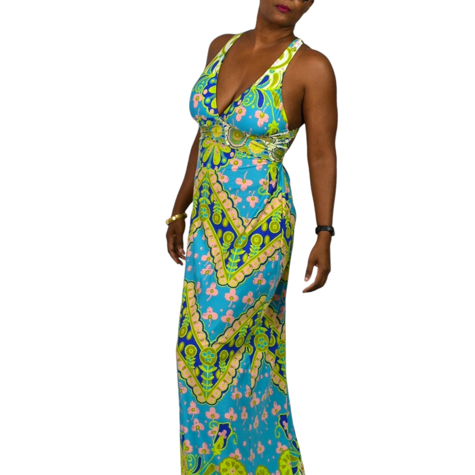 Trina Turk Woodblock Halter Maxi Dress Green Floral Low Back Swim Coverup Sundress Size Large