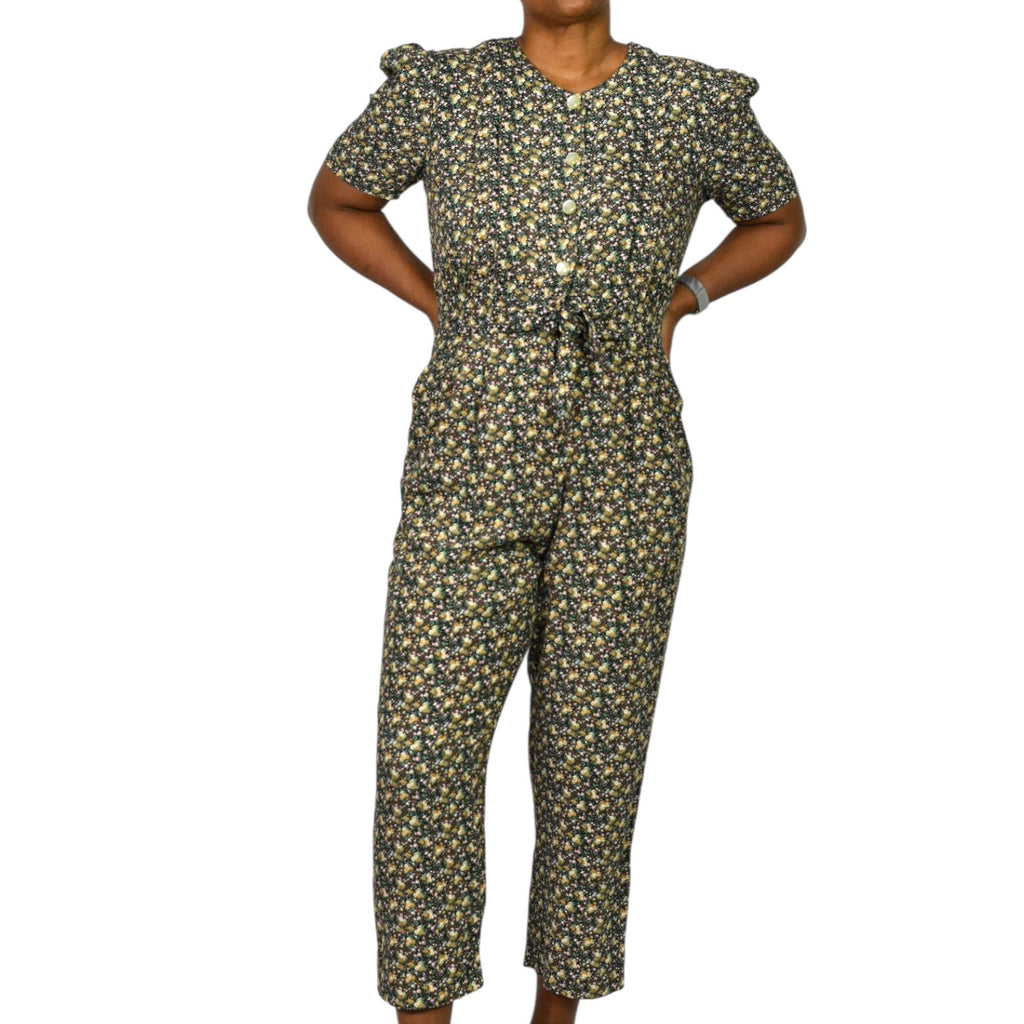 Molly Malloy Floral Jumpsuit Vintage Black Ditsy Micro Print Calico 90s Rayon Small Petite