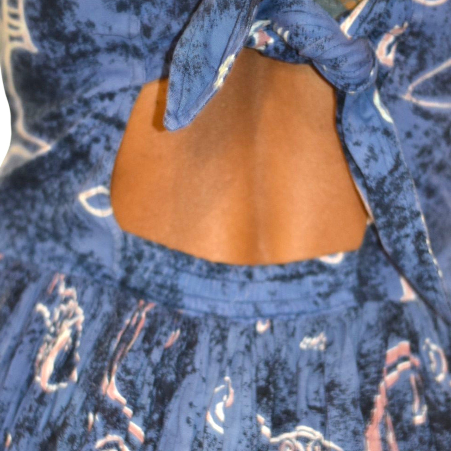 Vintage Jasmine KVM Dress Blue Fish Print Tent Shift Midi Cotton Gauze Airy Open Back Tie Medium