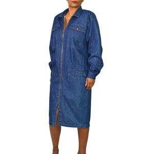 Vintage Depeche Mode Denim Jean Dress Blue New Wave Cocoon Midi Cotton Shirtdress Rigid Medium