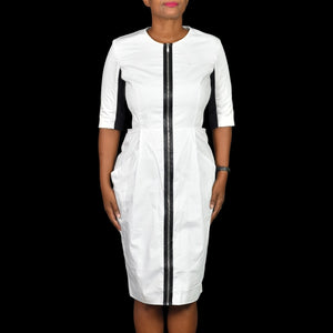 Proenza Schouler Zip Front Dress White Black Cotton Zip Front  Pockets Sheath Shirtdress Size 8