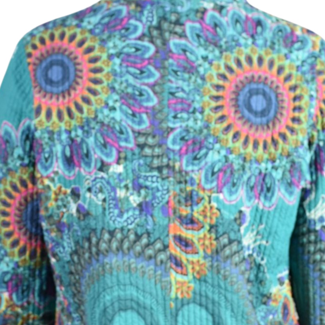 Soft Surroundings Quilted Jacket Green Teal Boho Paisley Floral Cotton Mandala Print Artistic XS