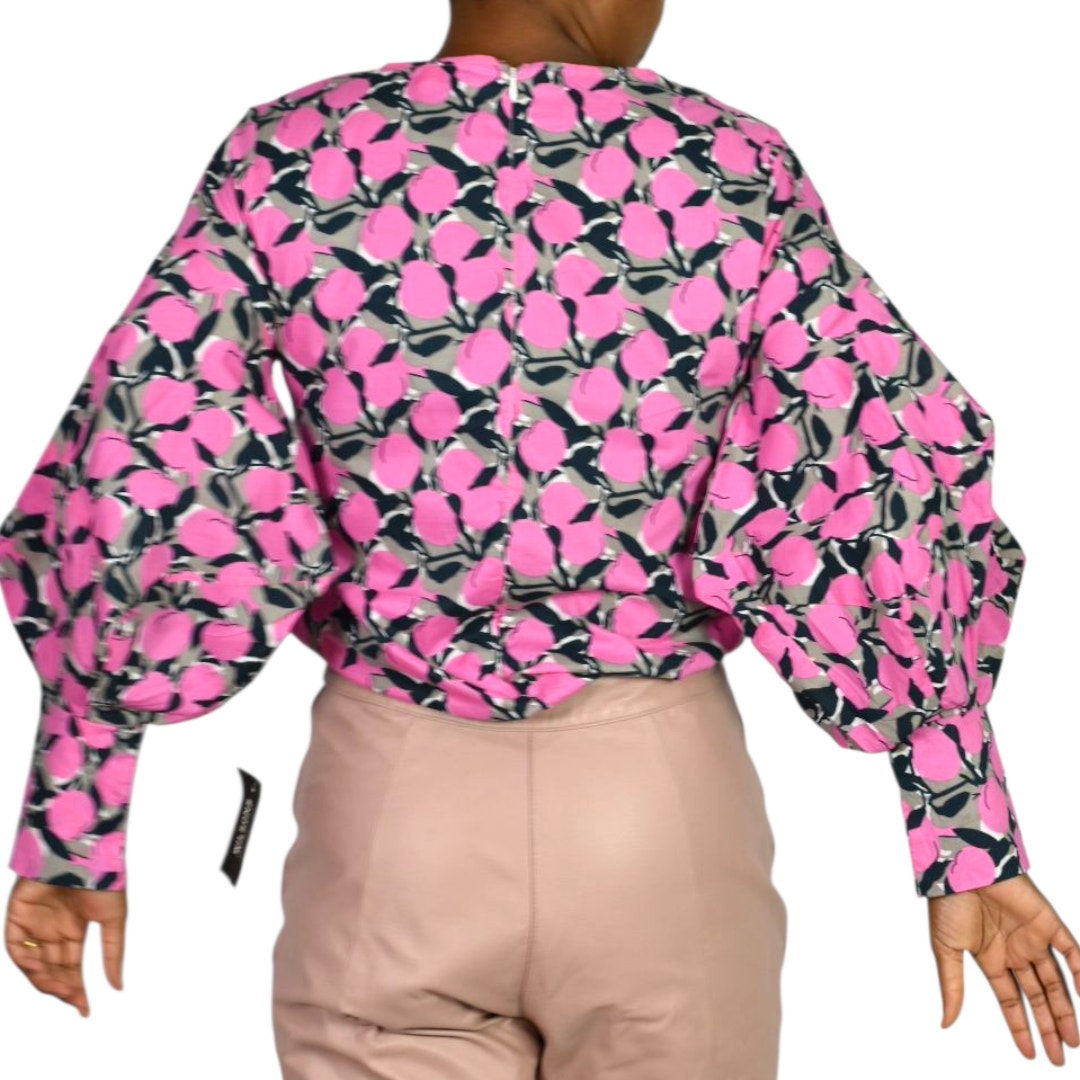 The Sang Fruit Floral Print Blouse Pink Cotton Poplin Statement Balloon Sleeves Top Small