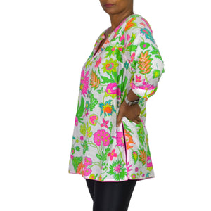 Gretchen Scott Cotton Tunic Pink Colorful Wonderland Top Blouse Cotton Floral Side Slits Split Neck Large