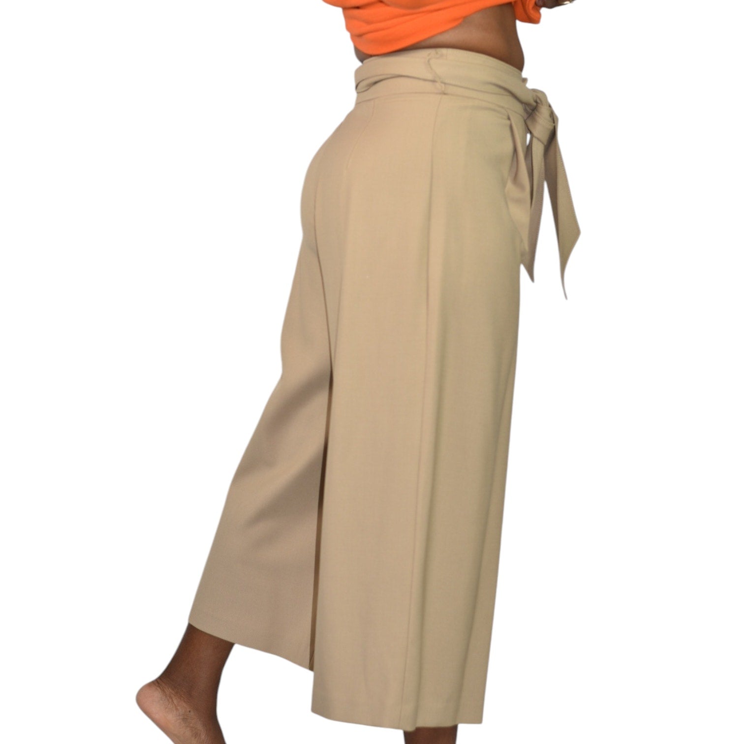 Club Monaco Wide Leg Crop Trousers Tan Tailored Pants Belted Flare Wool Khaki High Waist Gaucho 0