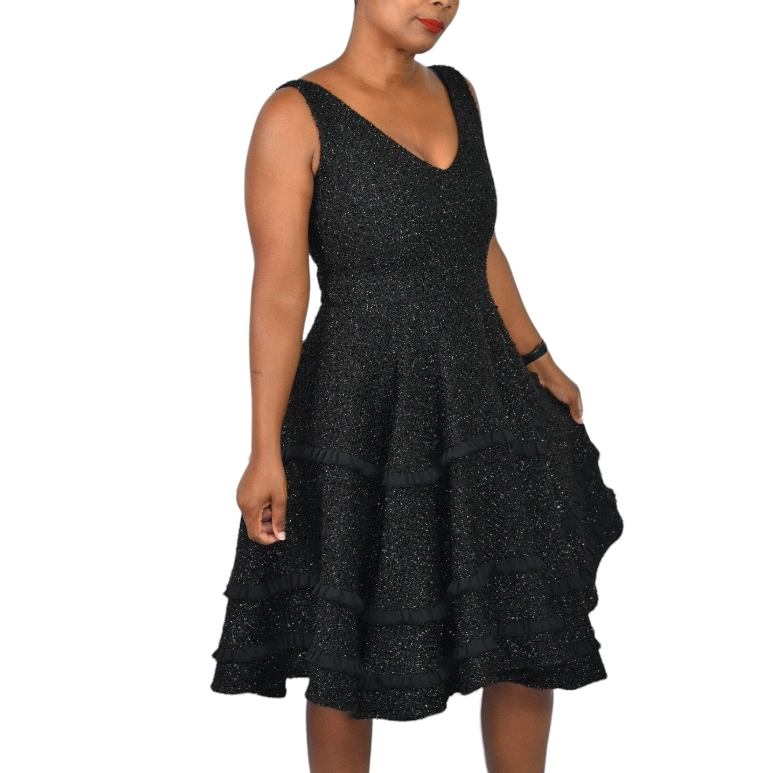 Abbey Glass Black Dress Tweed Boucle Textured Sparkle Shimmer Fit And Flare Tiered Full Midi Swing Knit Size 4