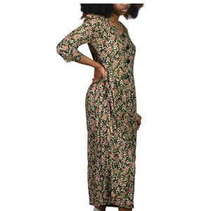 Vintage Rabbit Jr Floral Jumpsuit Black Rayon Wide Leg Ditsy Microprint Calico Earthy XS X Small