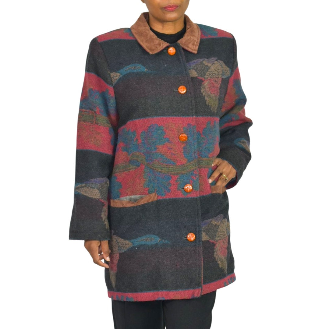 VINTAGE Flytime Tapestry Mallard Coat Italy Wool Duck Foliage Oversized Medium