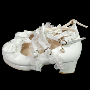 Lolita Mary Jane Shoes White Bows Ribbons Chunky Block Heels Platform Coquette Frilly Size 8