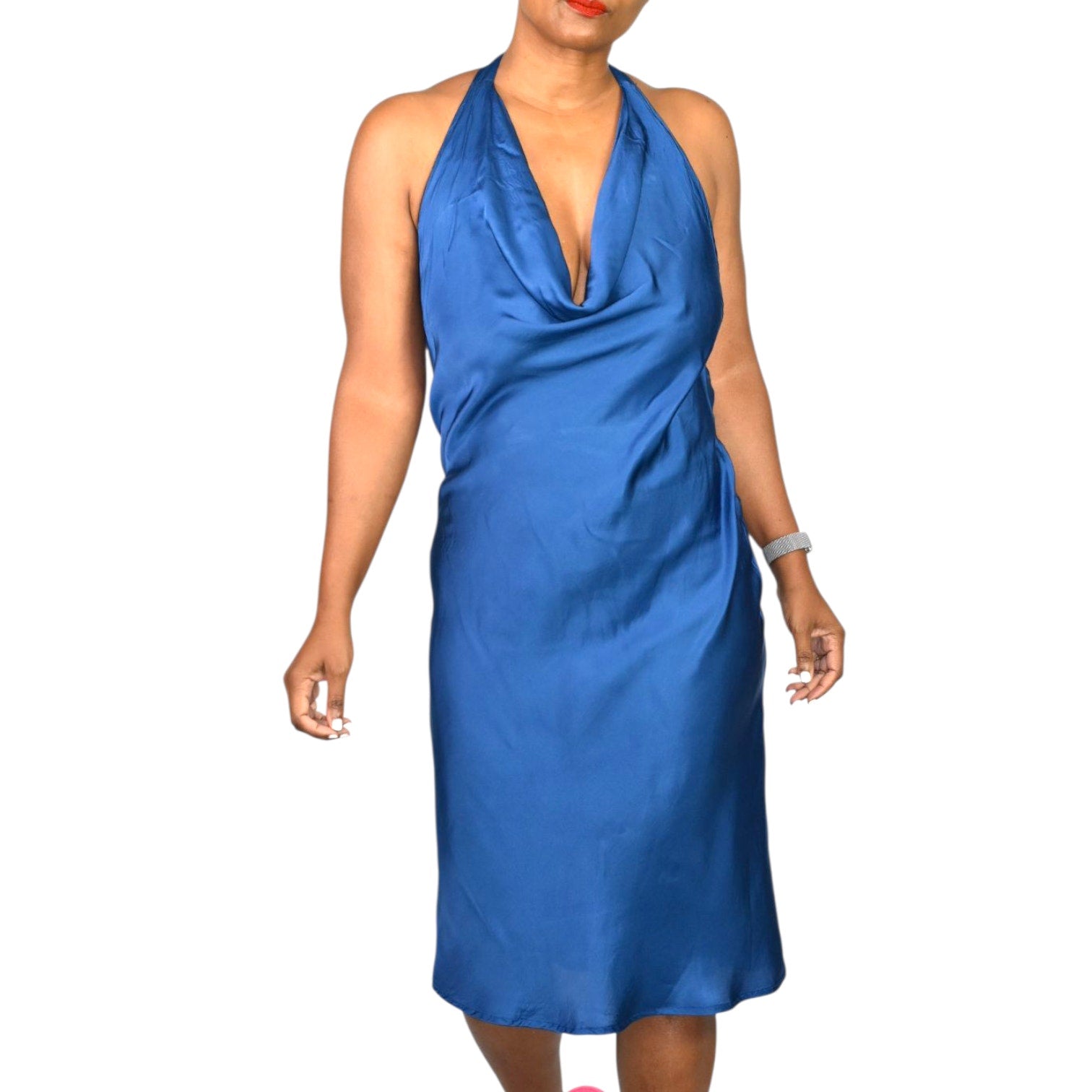Young Fabulous Broke Rebel Slip Dress Blue Halter Midi Rayon Cowl Silky Satin YFB Small