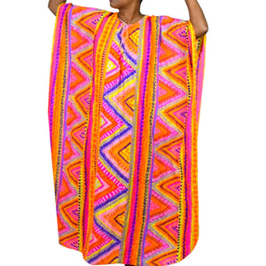 Vintage Abstract Psychedelic Accordion Caftan Dress Pink Geo Neon Dayglo Rainbow Print Maxi 60s 70s One Size S M L
