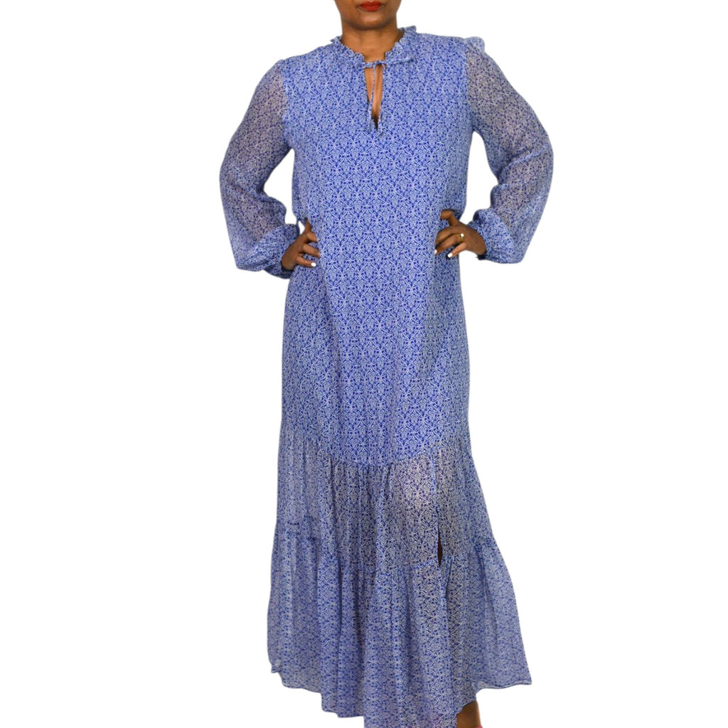Intermix Priscilla Silk Midi Dress Blue Periwinkle Sheer Ruffle Neck Tiered Floral Loose Airy 10
