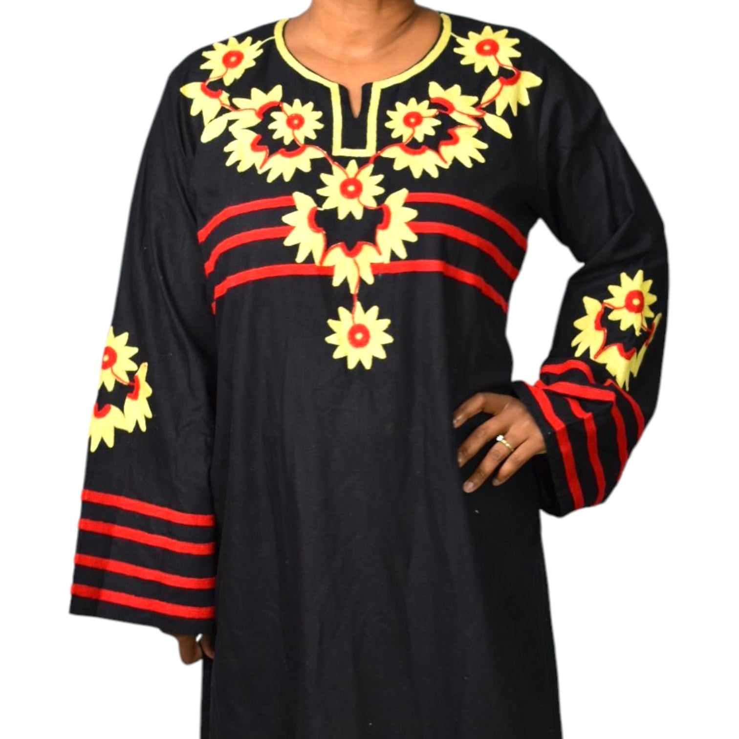Egyptian Embroidered Caftan Dress Black Long Cover Up Tunic Floral Embroidery Yellow Large