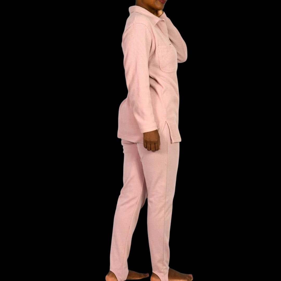 Vintage Milano Design Group Stirrup Pant Set Dusty Pink Blush Mauve 90s Waffle Knit Shirt Shacket CoOrd Small