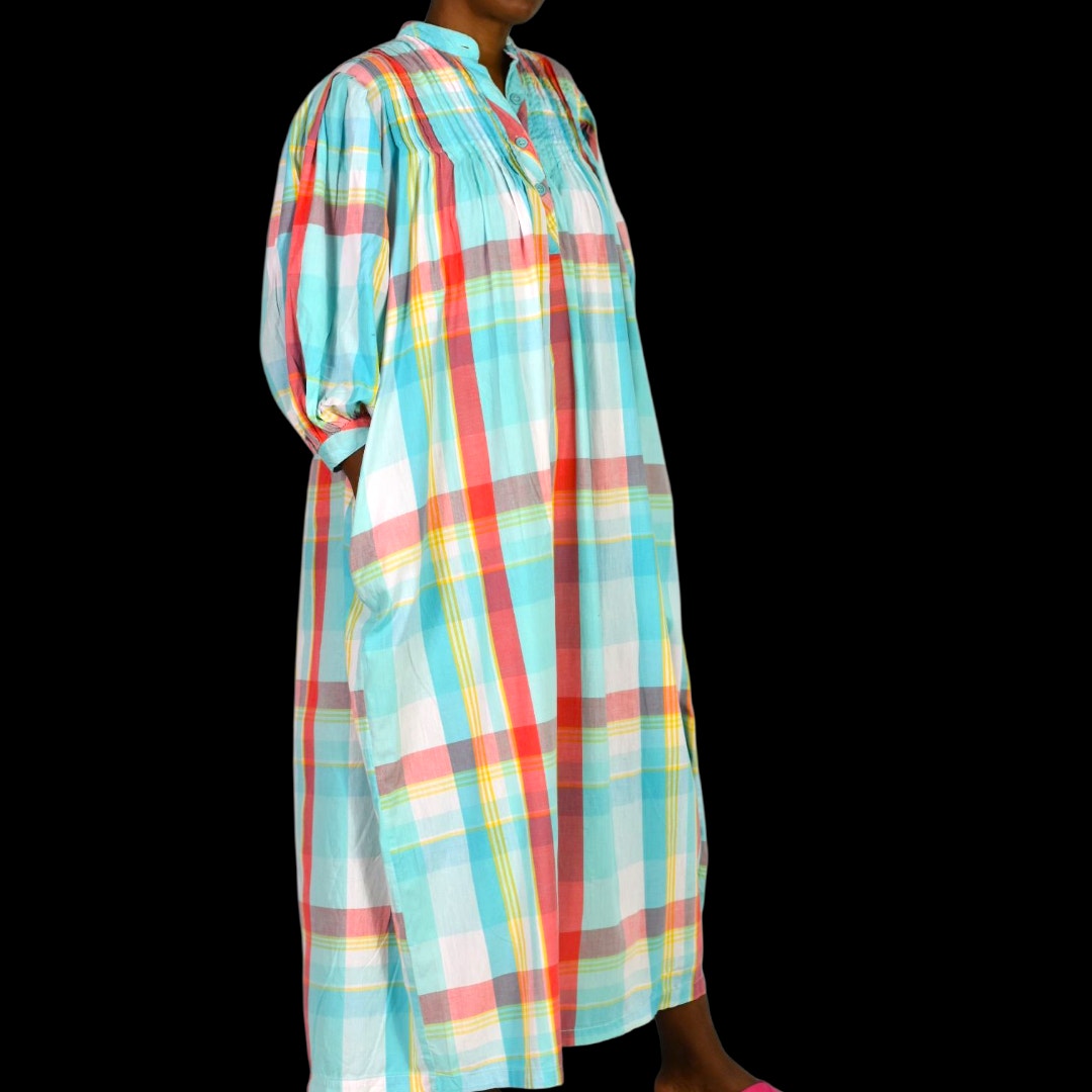 Vintage Saybury Nightshirt Blue Plaid Check Shirtdress Dress Pockets Cotton Pastel Oversized Muumuu Small