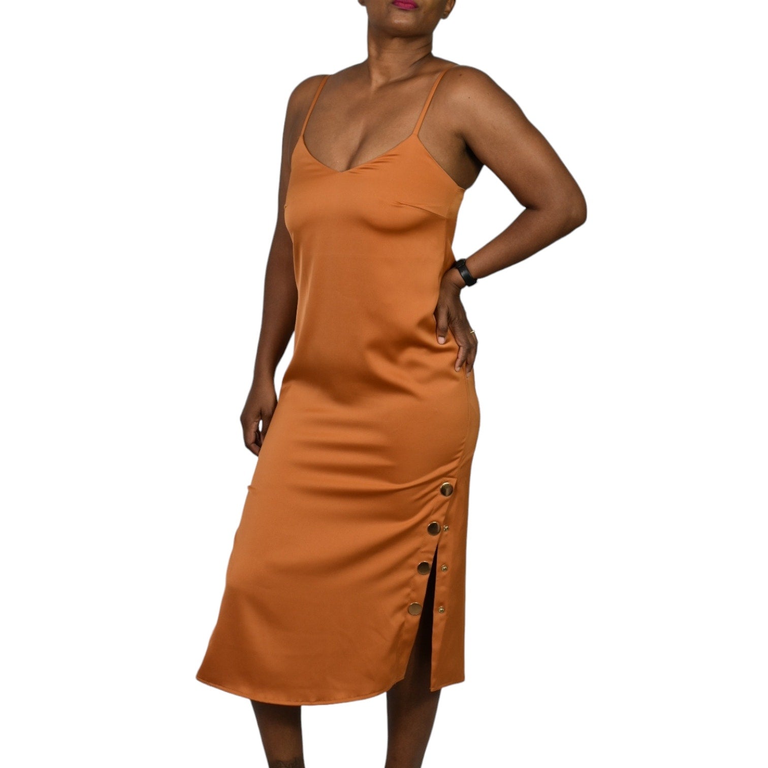 YAS Slip Dress Orange Button Snap Midi Silky Satin Spaghetti Strap Shiny Slipdress Size XS