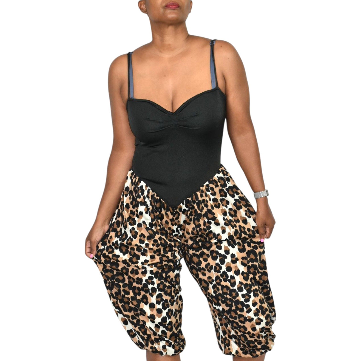 Vintage Leopard Print Jumpsuit Brown Cropped Harem Balloon Yoked 70s Sweetheart Straps Small