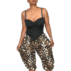 Vintage Leopard Print Jumpsuit Brown Cropped Harem Balloon Yoked 70s Sweetheart Straps Small