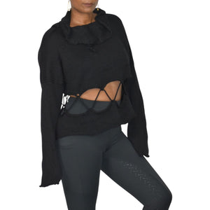 Manuelle Guibal Paris Sweater Black Knit Cropped Cutout Lace Up Long Sleeve Oversized Boxy Large
