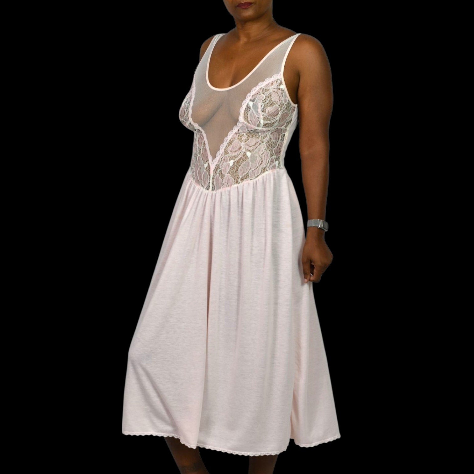 Vintage Victorias Secret Nightgown Pink Crown Label Knit Lace Mesh 80s Gown Sheer Medium